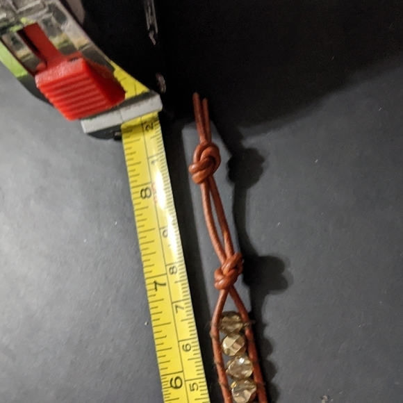 Gold Tone Beaded and Brown Leather Cord Statement Bracelet - Picture 5 of 6